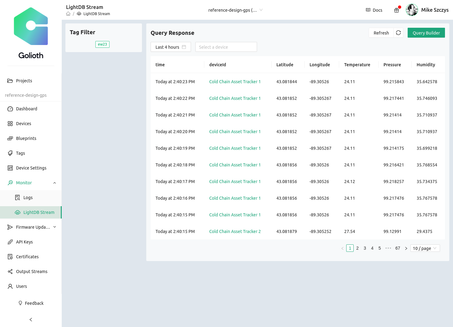 Golioth Cold Chain Asset Tracker data shown on web console